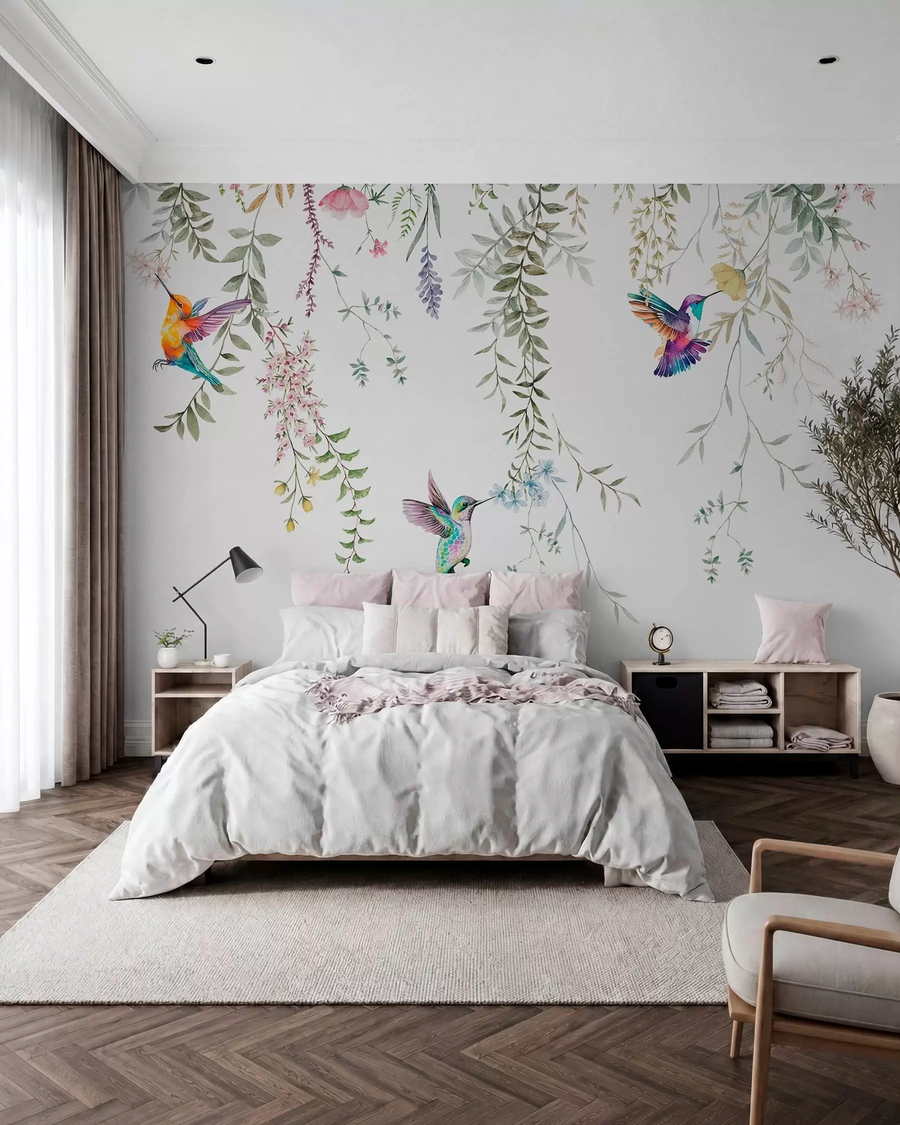wall murals Висеће цвеће и лишће и прелепи колибри w00660