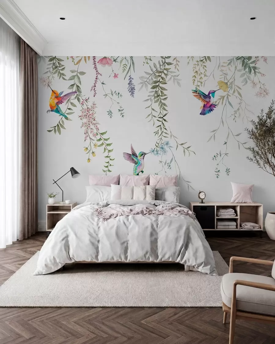 wall murals Висеће цвеће и лишће и прелепи колибри w00660