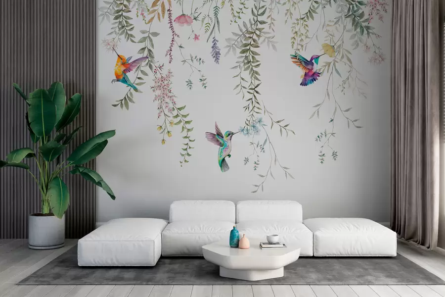 wall murals Висеће цвеће и лишће и прелепи колибри w00660