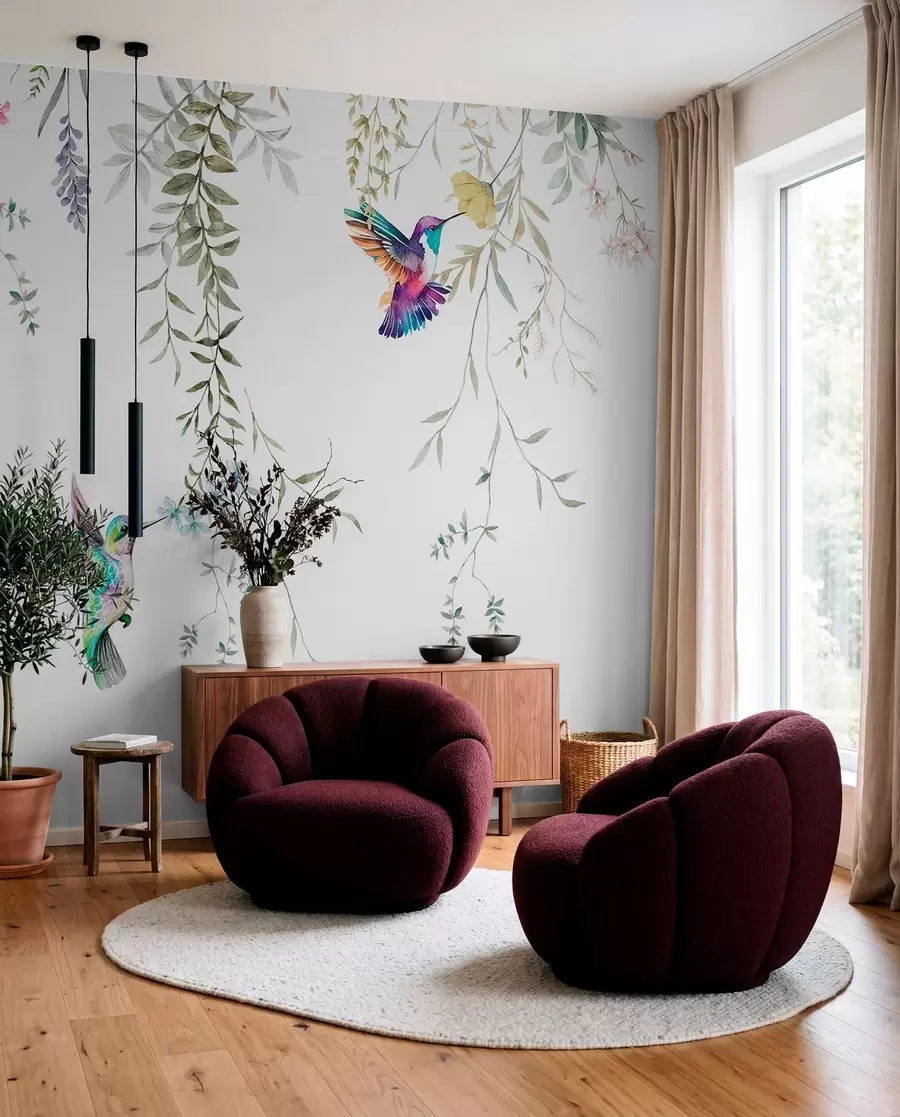 wall murals Висеће цвеће и лишће и прелепи колибри w00660