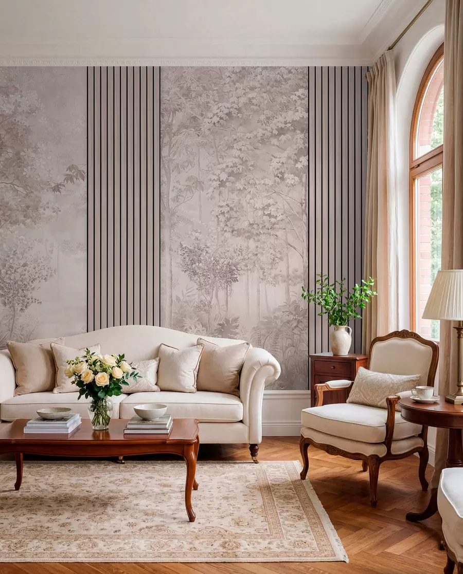 wall murals Дрвени панели и деликатна шума у ружичастим тоновима w00670v1