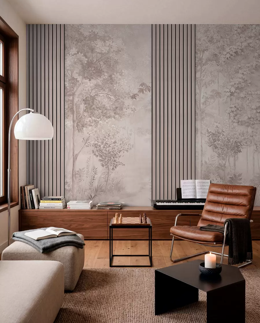 wall murals Дрвени панели и деликатна шума у ружичастим тоновима w00670v1