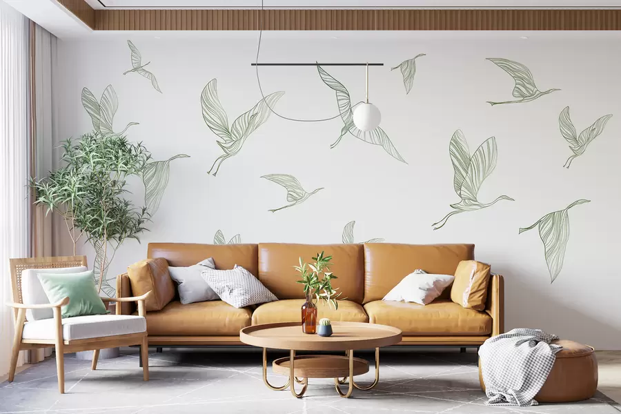 wall murals Летеће птице линијска уметност, минимализам, природа, зелене боје w00758v2