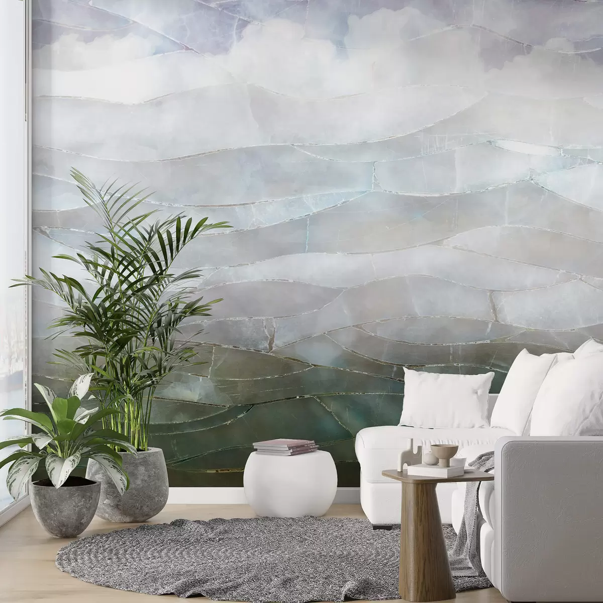 wall murals Текстурирани магловити, брдовити апстрактни градијентни пејзаж са валовитим зеленим пољима кроз маглу w00795