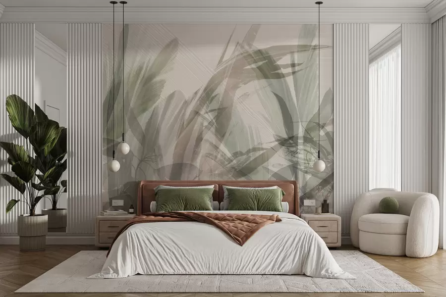 wall murals Апстрактна вишекомпозиција замућених облика тропског лишћа налик трави у нијансама светло зелене и сиве w00798