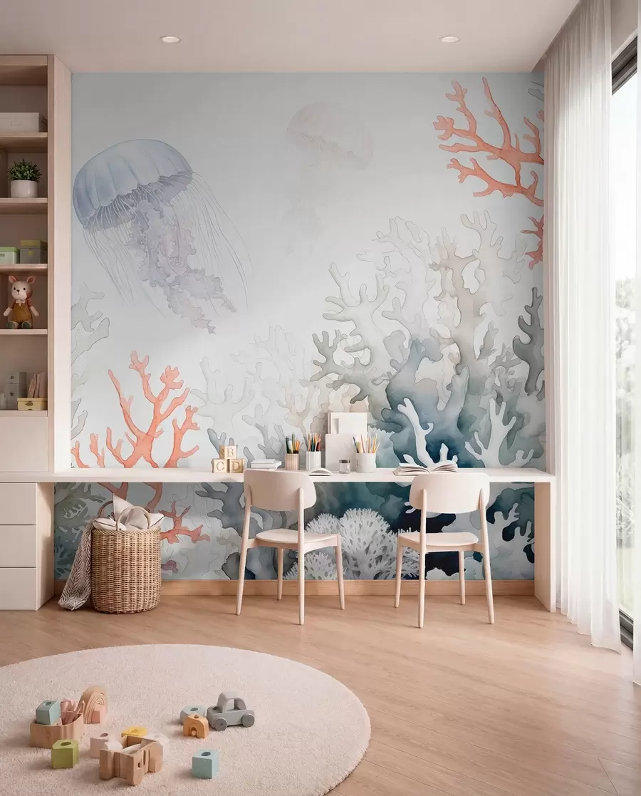 wall murals Морски корали, медузе пливају, акварел, сива, плава, црвена w00819