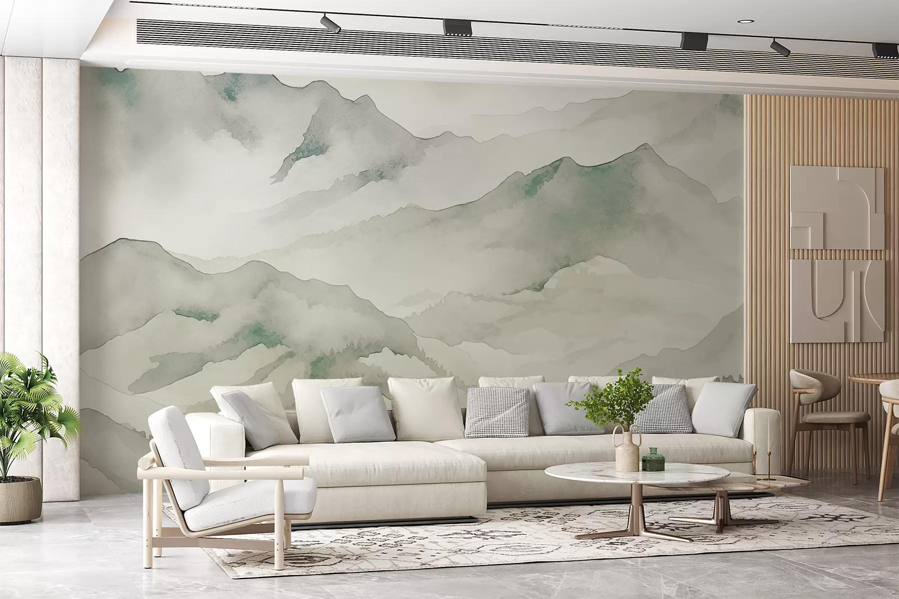 wall murals Планински венци акварел, пејзаж, пејзаж, зелена, сива, боја сепије w00840