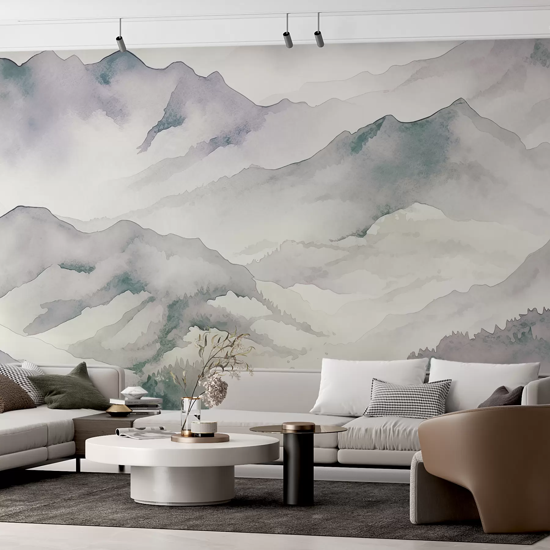wall murals Планински венци акварел, пејзаж, пејзаж, плава, сива, боја сепије w00840v1