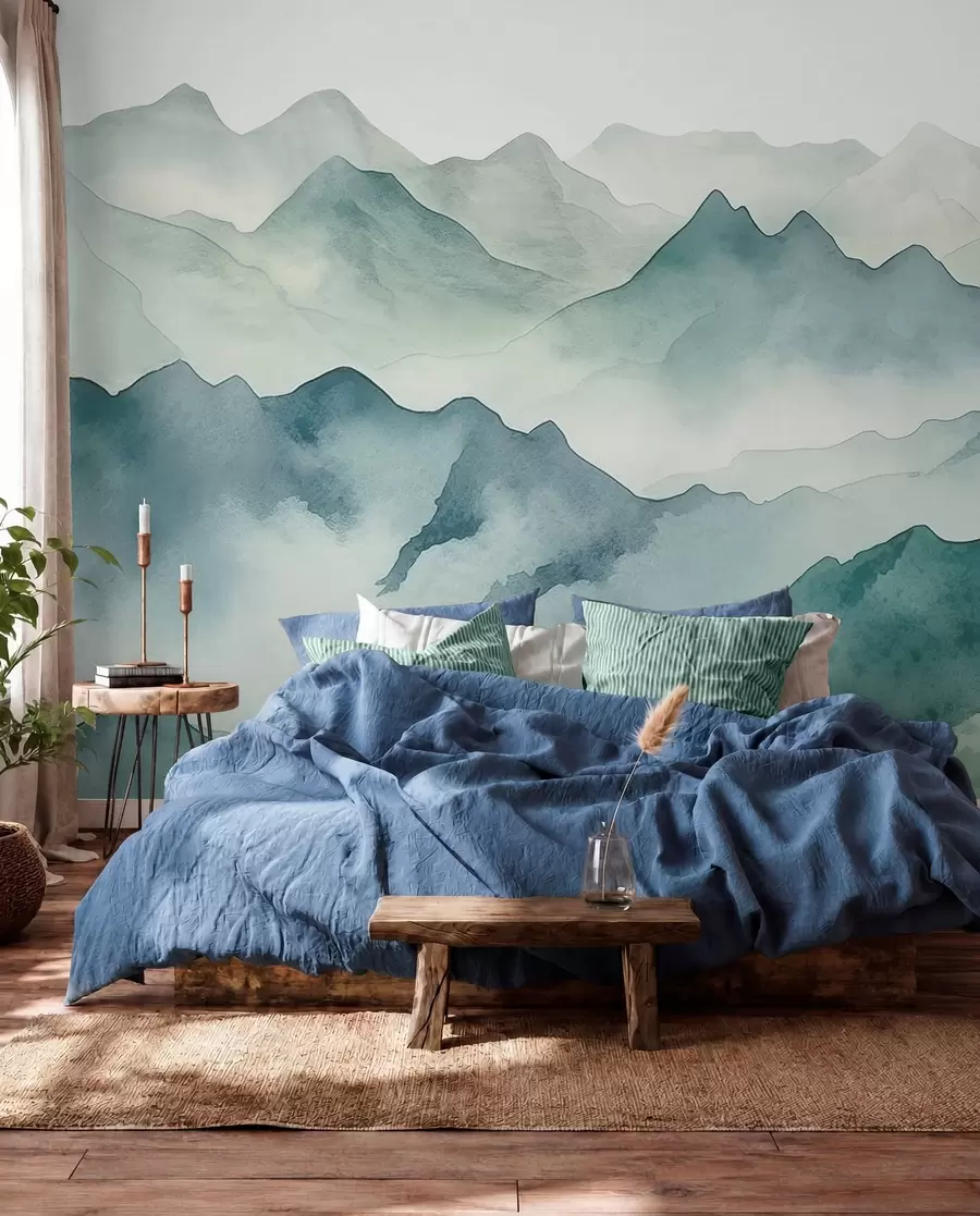 wall murals Планински врхови и превоји, акварел, пејзаж, пејзаж, плава, сива боја w00841