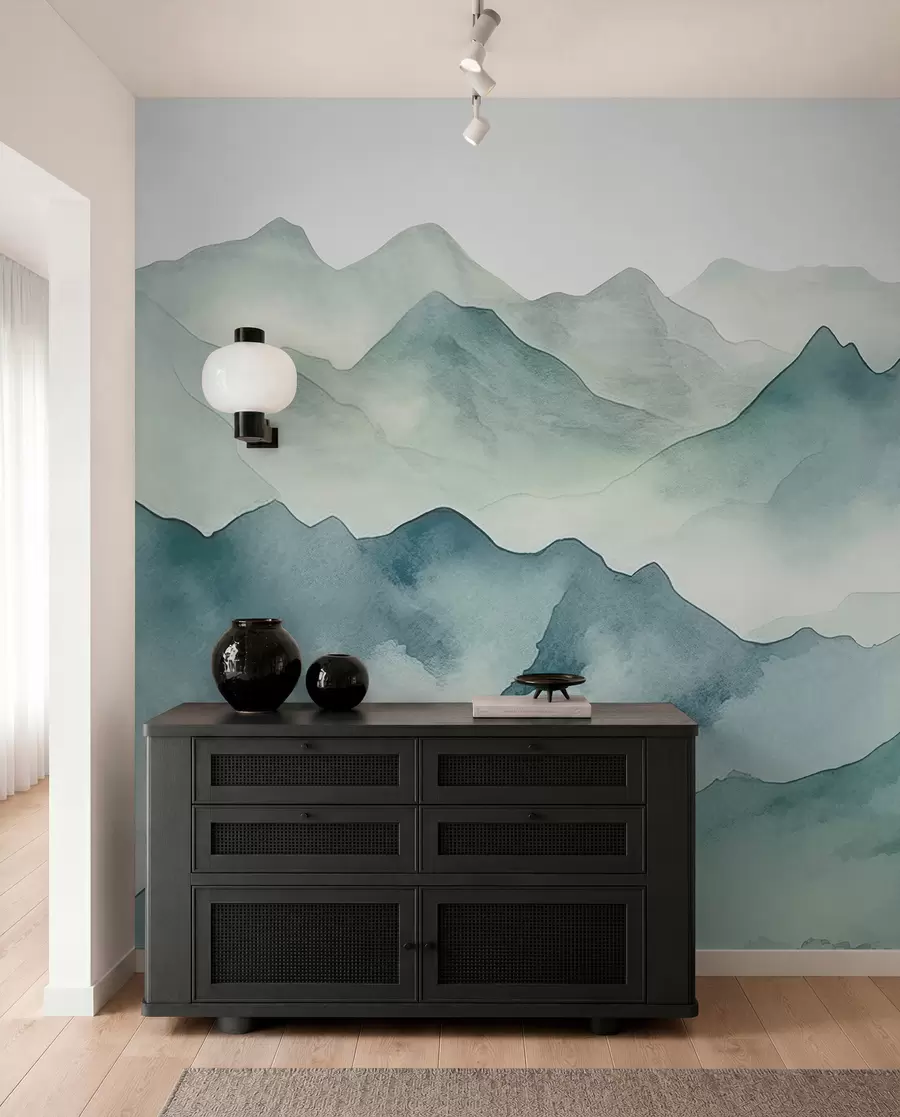 wall murals Планински врхови и превоји, акварел, пејзаж, пејзаж, плава, сива боја w00841
