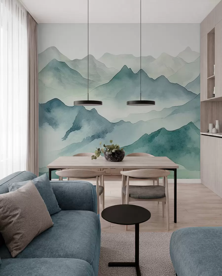 wall murals Планински врхови и превоји, акварел, пејзаж, пејзаж, плава, сива боја w00841