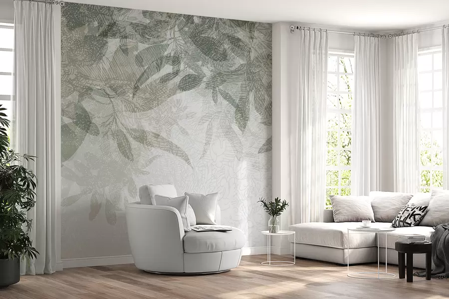 wall murals Меки, замућени листови у нијансама зелене и сиве на светлој позадини за цртање текстуре w00854