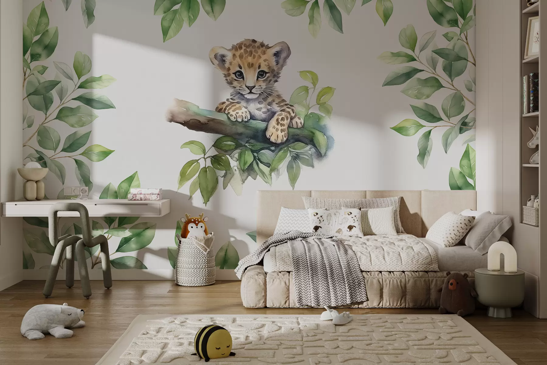 wall murals Мали леопард седи на грани међу лишћем акварел w00889