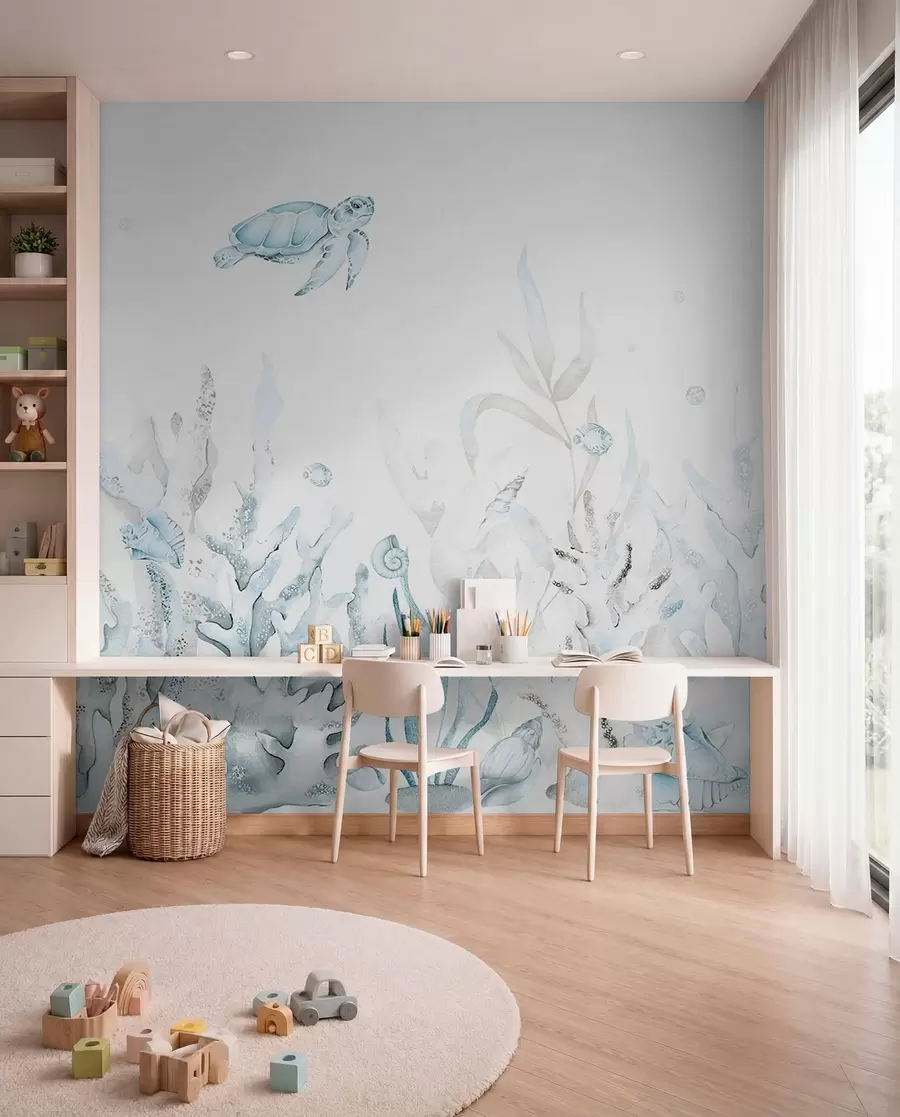 wall murals Акварел морски корали, шкољке, корњача, морски живот, нежне плаве боје w00849