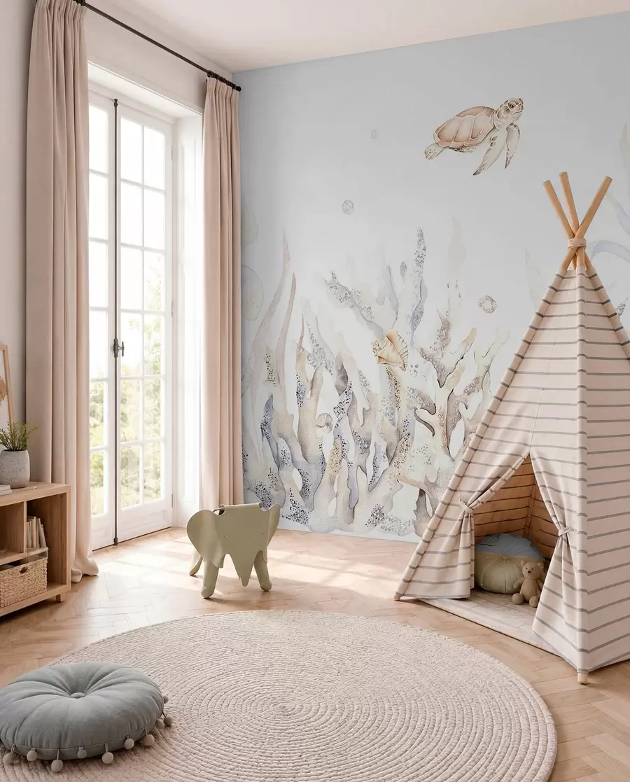 wall murals Акварел морски корали, шкољке, корњача, морски живот, нежне беж боје w00849v1