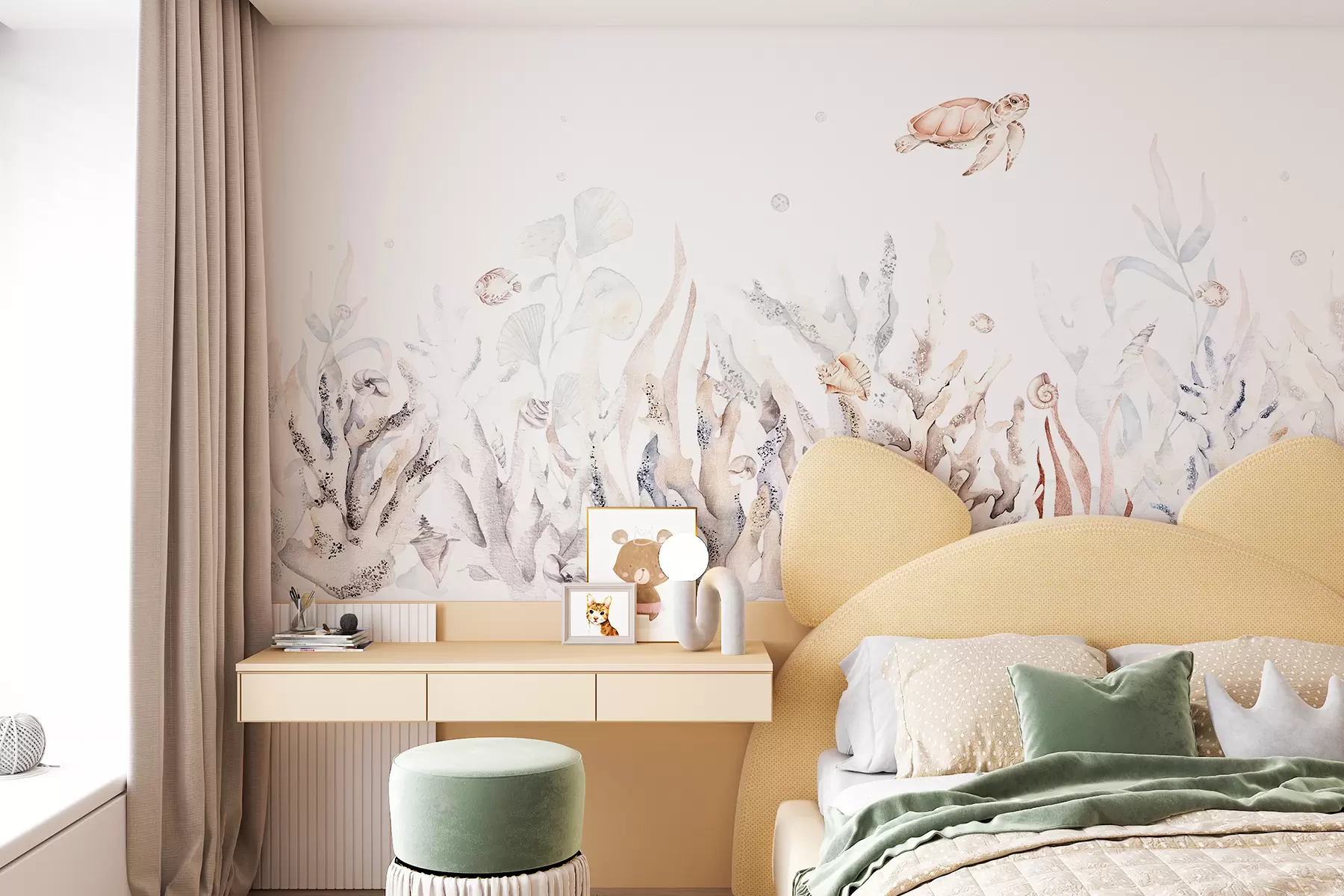 wall murals Акварел морски корали, шкољке, корњача, морски живот, нежне беж боје w00849v1