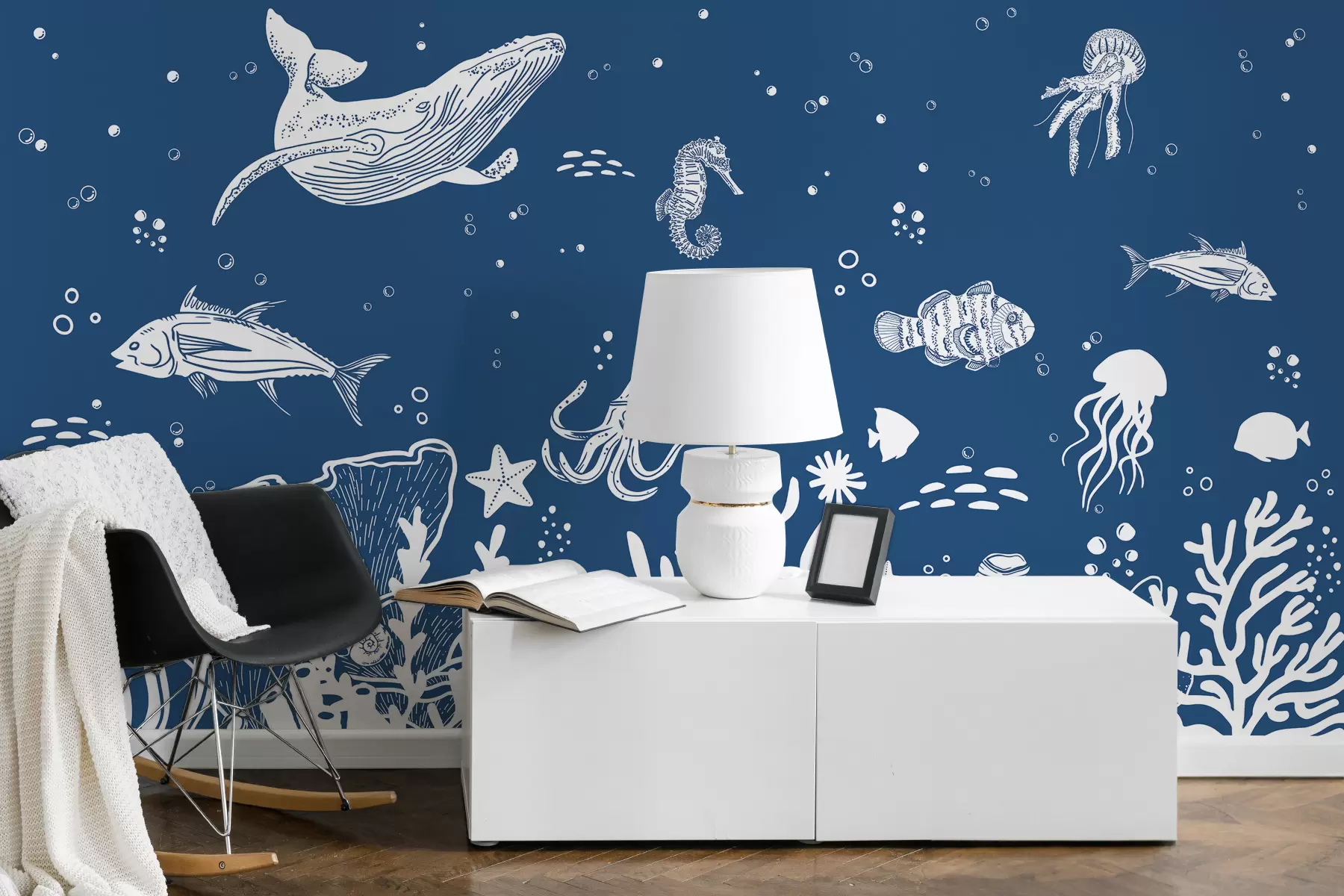 wall murals Морски живот, риба, кит, хоботница, медузе, корали, морски живот, тамно плава боја w00850v4