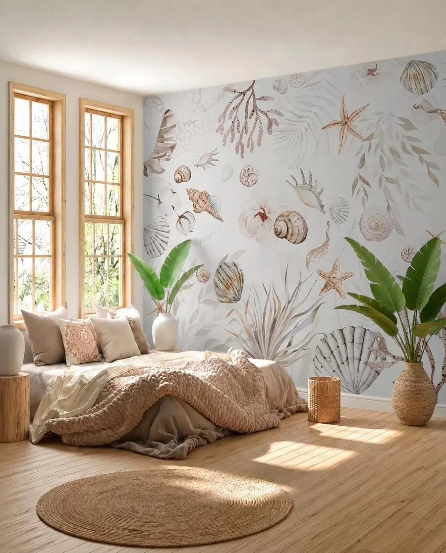 wall murals Акварел морски узорак, бохо стил, шкољке, корали, памук, беж боје w00851