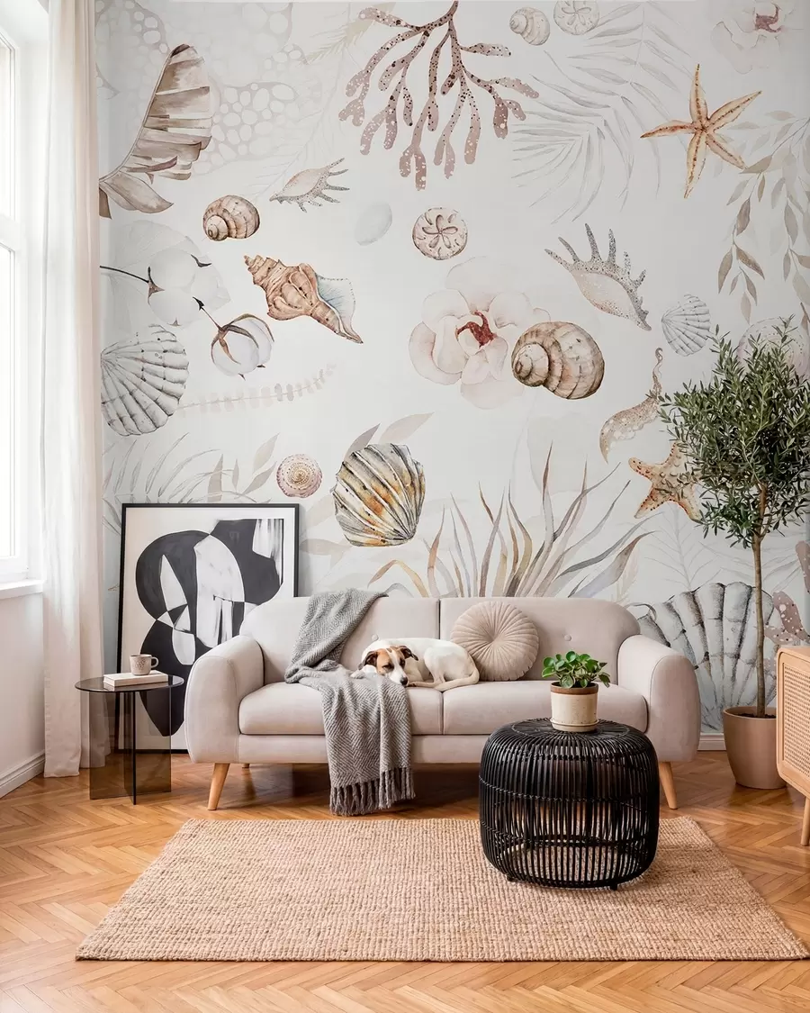 wall murals Акварел морски узорак, бохо стил, шкољке, корали, памук, беж боје w00851