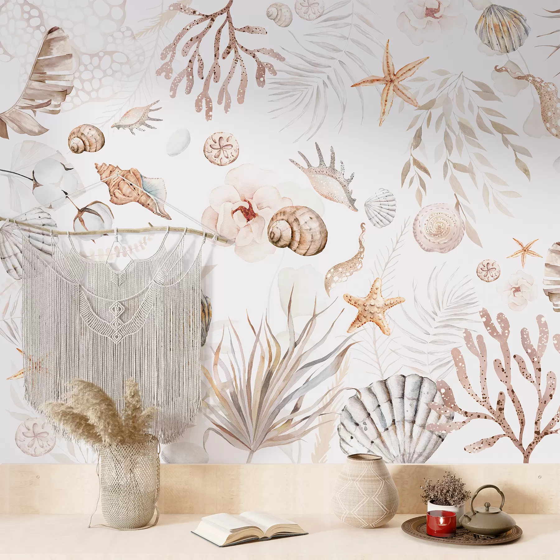 wall murals Акварел морски узорак, бохо стил, шкољке, корали, памук, беж боје w00851