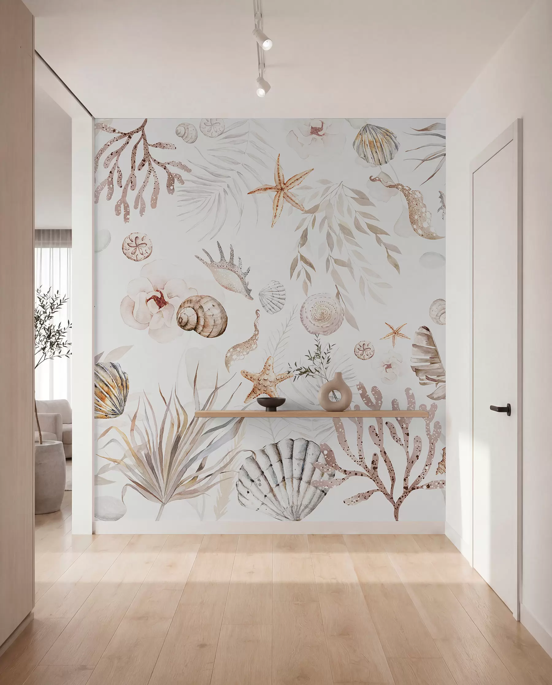 wall murals Акварел морски узорак, бохо стил, шкољке, корали, памук, беж боје w00851