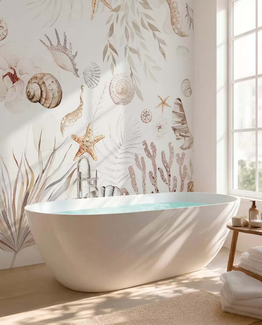 wall murals Акварел морски узорак, бохо стил, шкољке, корали, памук, беж боје w00851