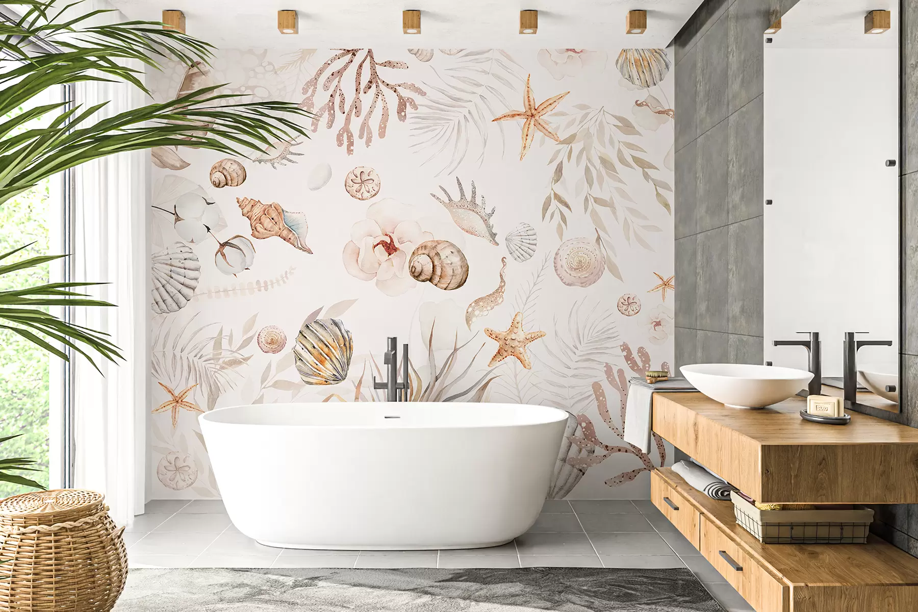 wall murals Акварел морски узорак, бохо стил, шкољке, корали, памук, беж боје w00851