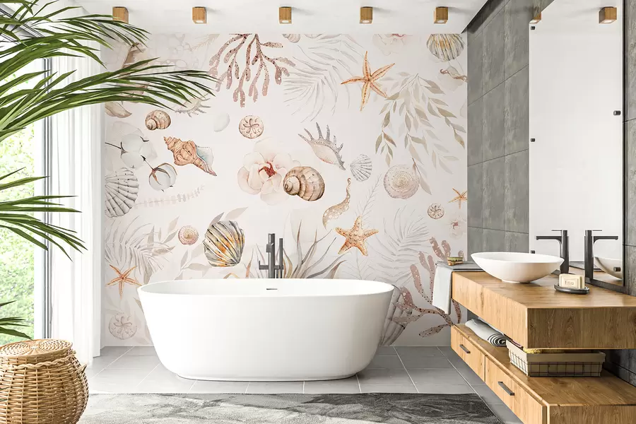 wall murals Акварел морски узорак, бохо стил, шкољке, корали, памук, беж боје w00851