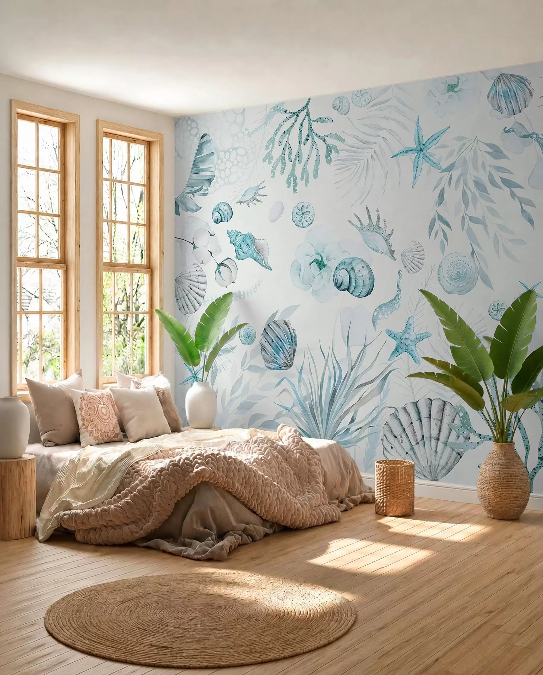 wall murals Акварел морски узорак, бохо стил, шкољке, корали, памук, плаве боје w00851v1