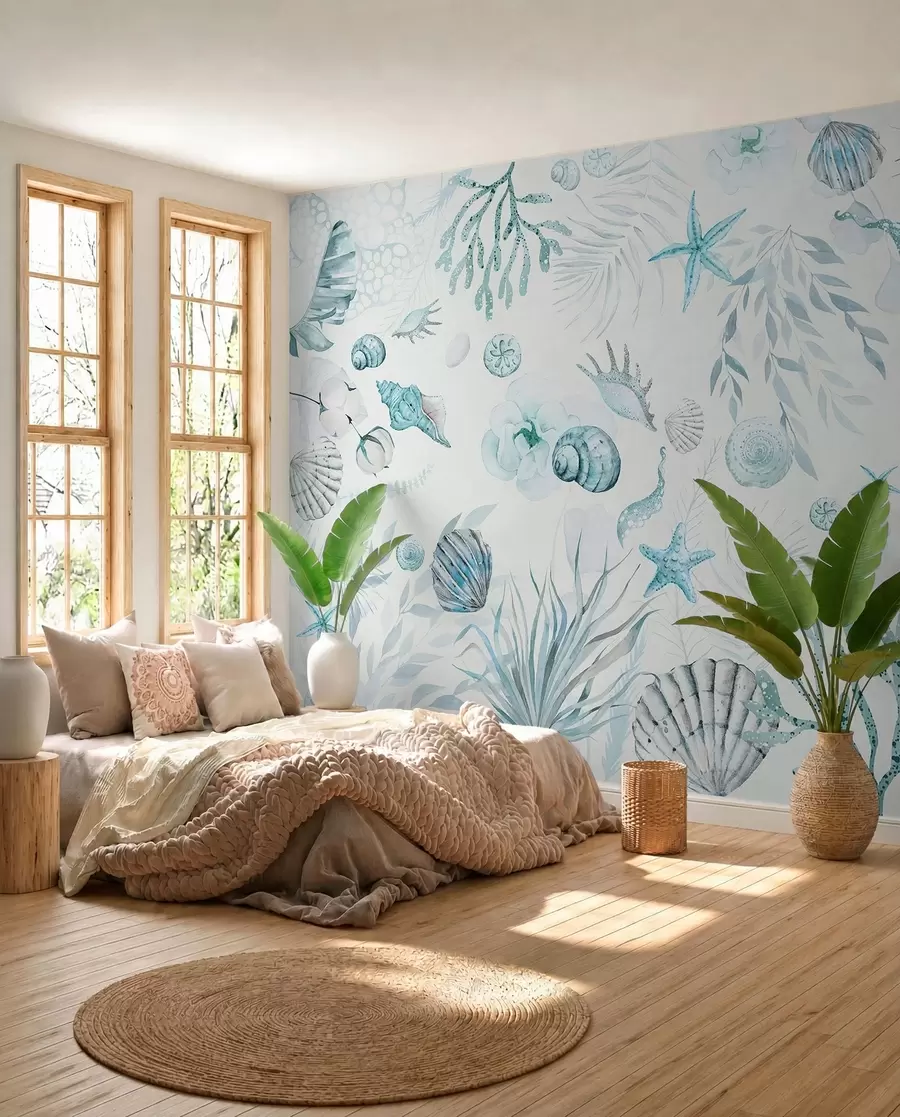 wall murals Акварел морски узорак, бохо стил, шкољке, корали, памук, плаве боје w00851v1