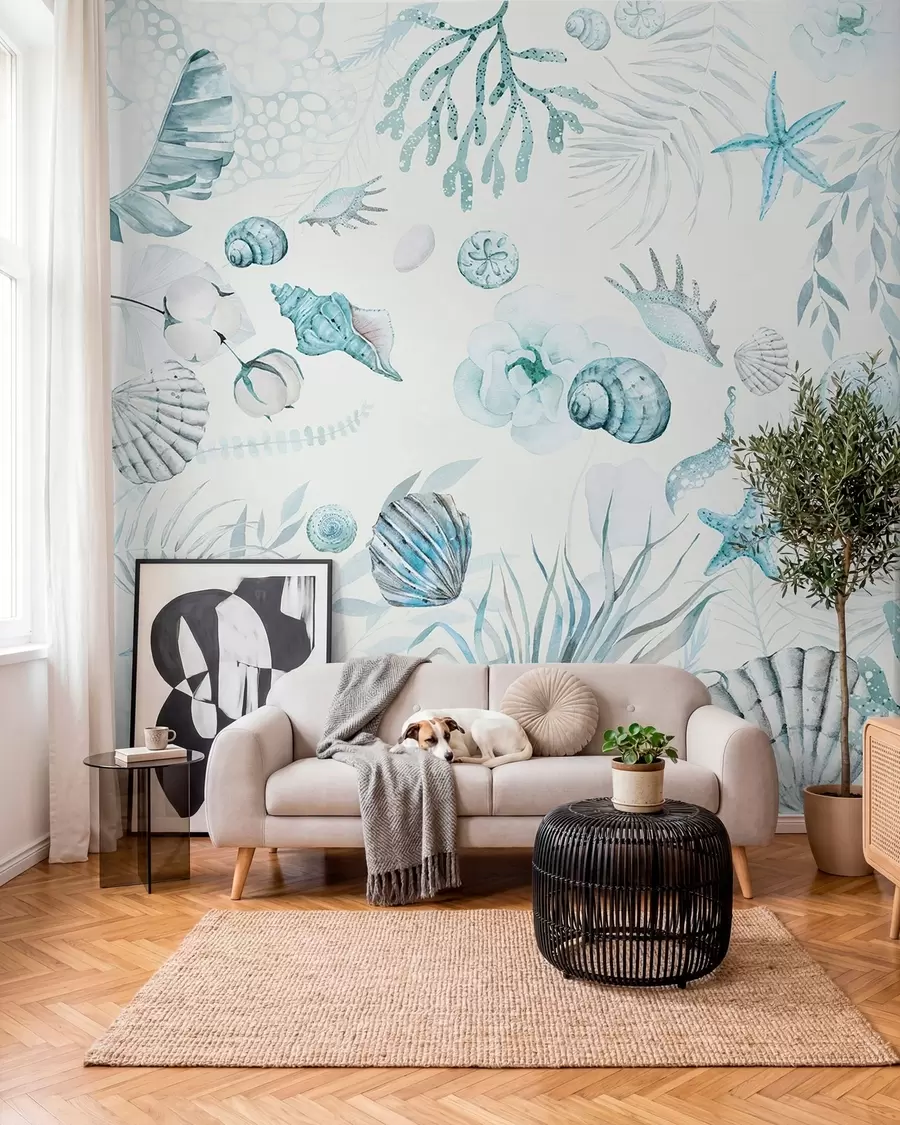 wall murals Акварел морски узорак, бохо стил, шкољке, корали, памук, плаве боје w00851v1