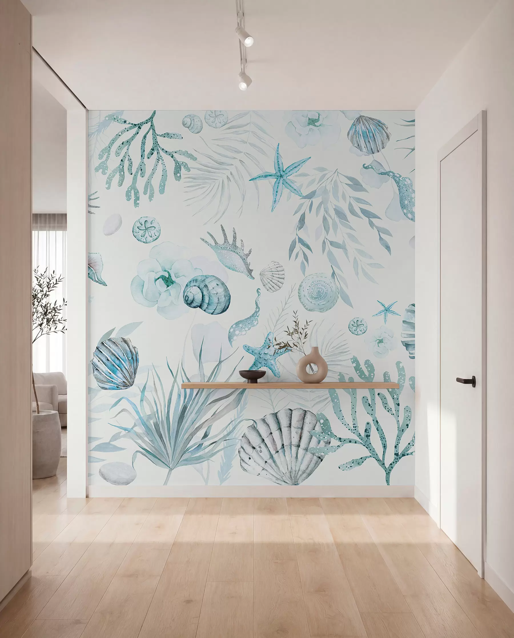 wall murals Акварел морски узорак, бохо стил, шкољке, корали, памук, плаве боје w00851v1