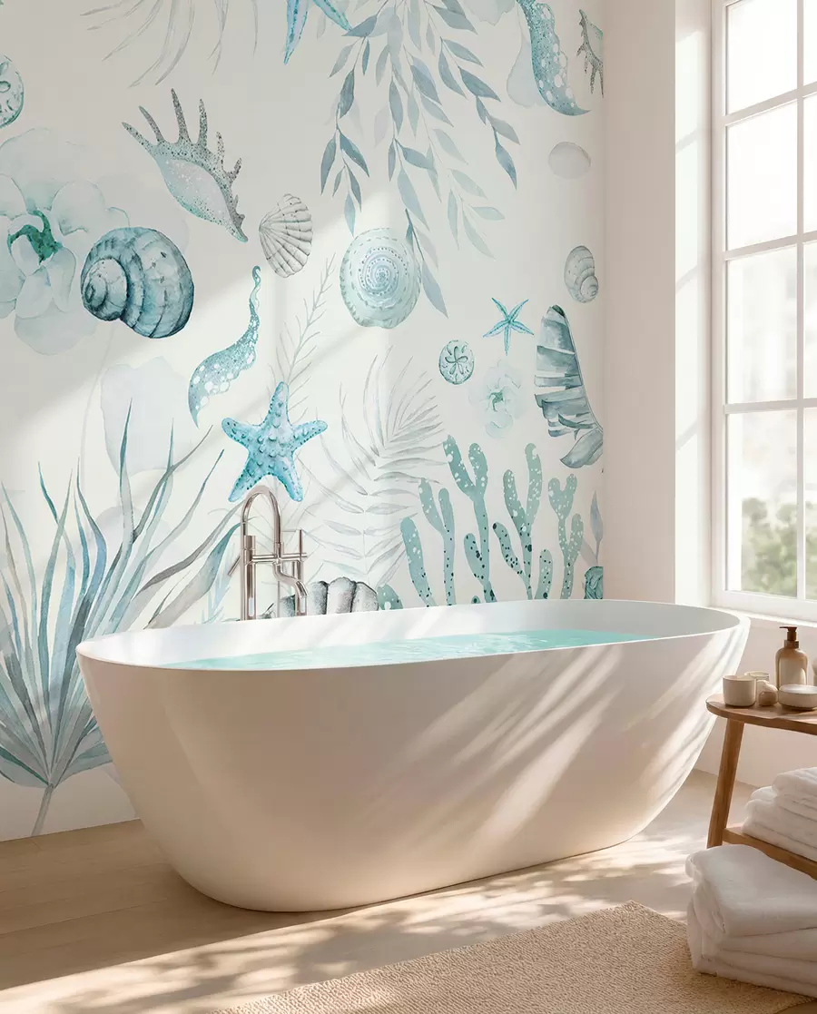 wall murals Акварел морски узорак, бохо стил, шкољке, корали, памук, плаве боје w00851v1