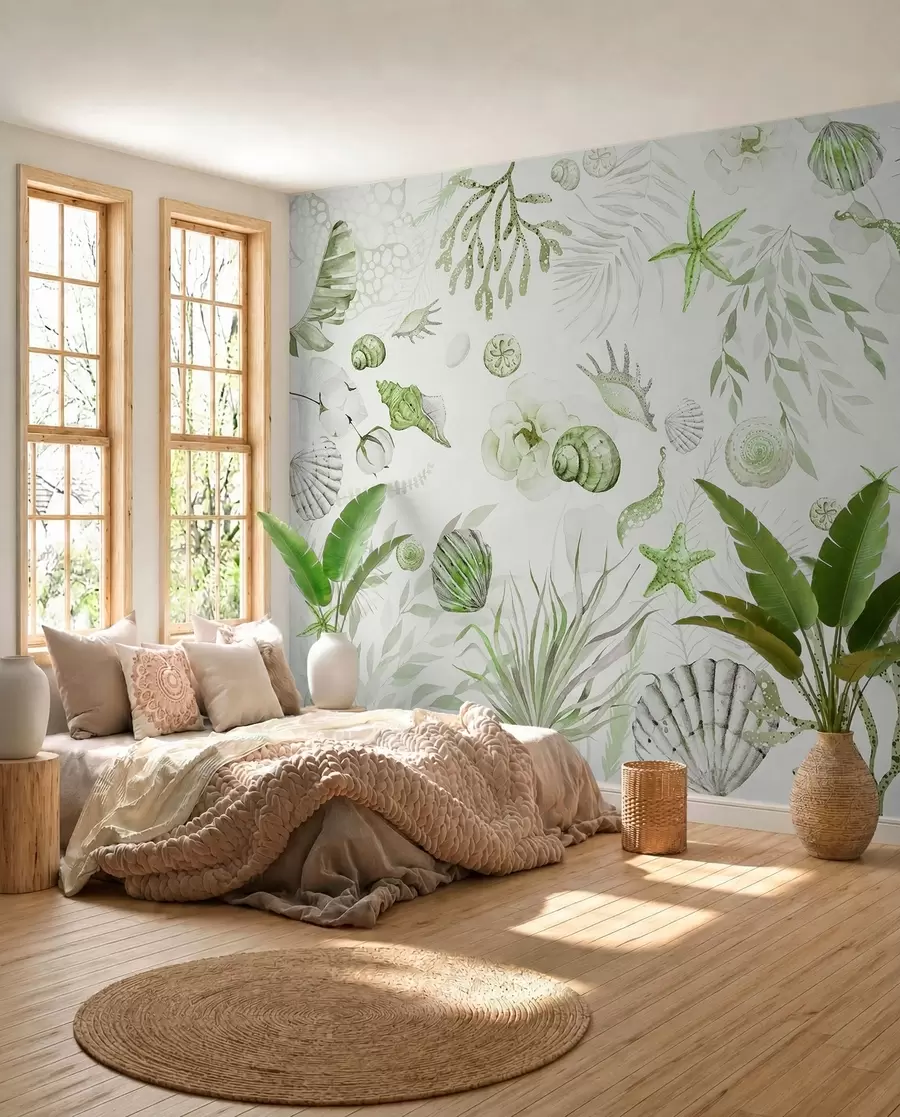 wall murals Акварел морски узорак, бохо стил, шкољке, корали, памук, зелене боје w00851v2