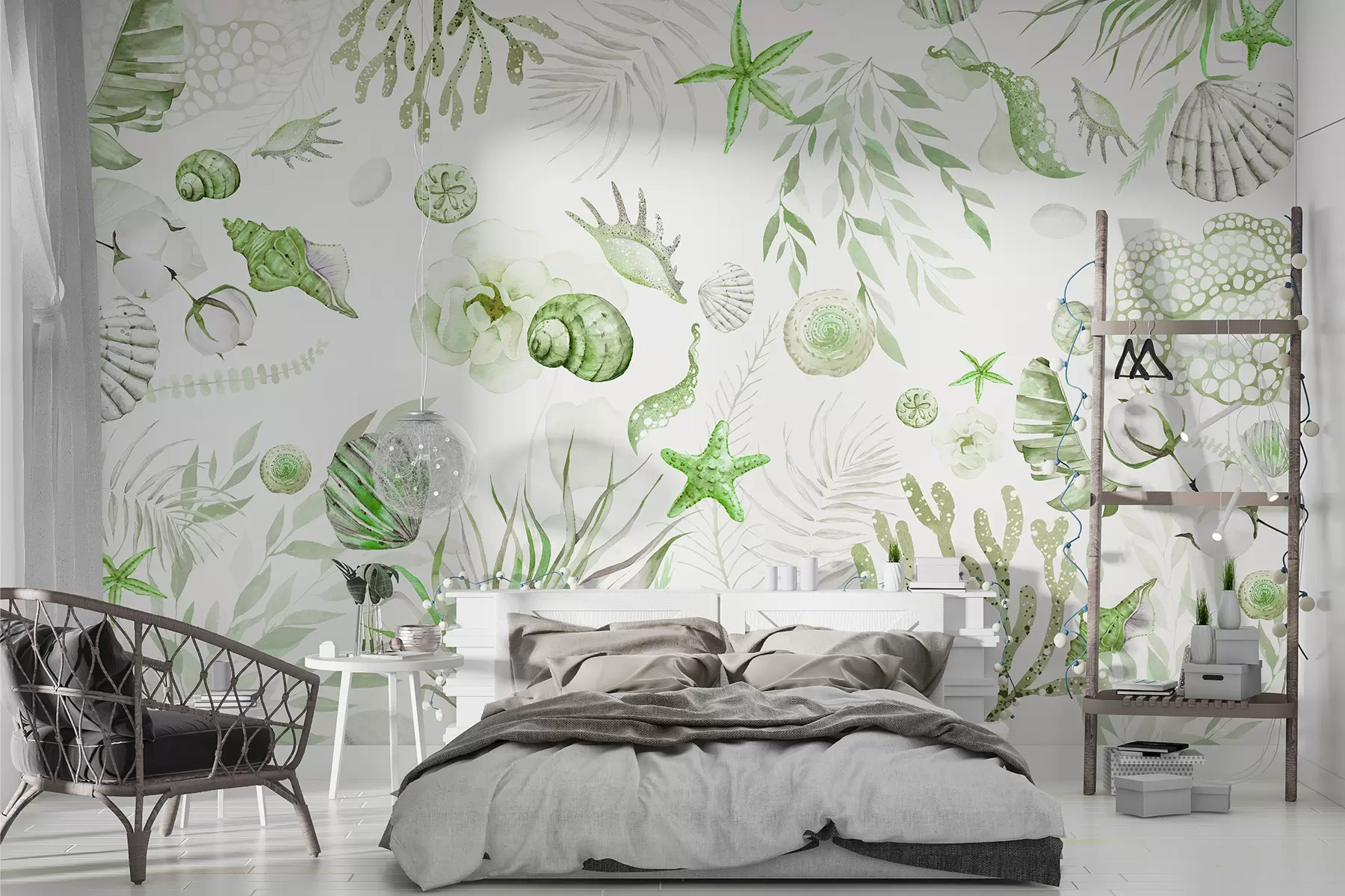 wall murals Акварел морски узорак, бохо стил, шкољке, корали, памук, зелене боје w00851v2