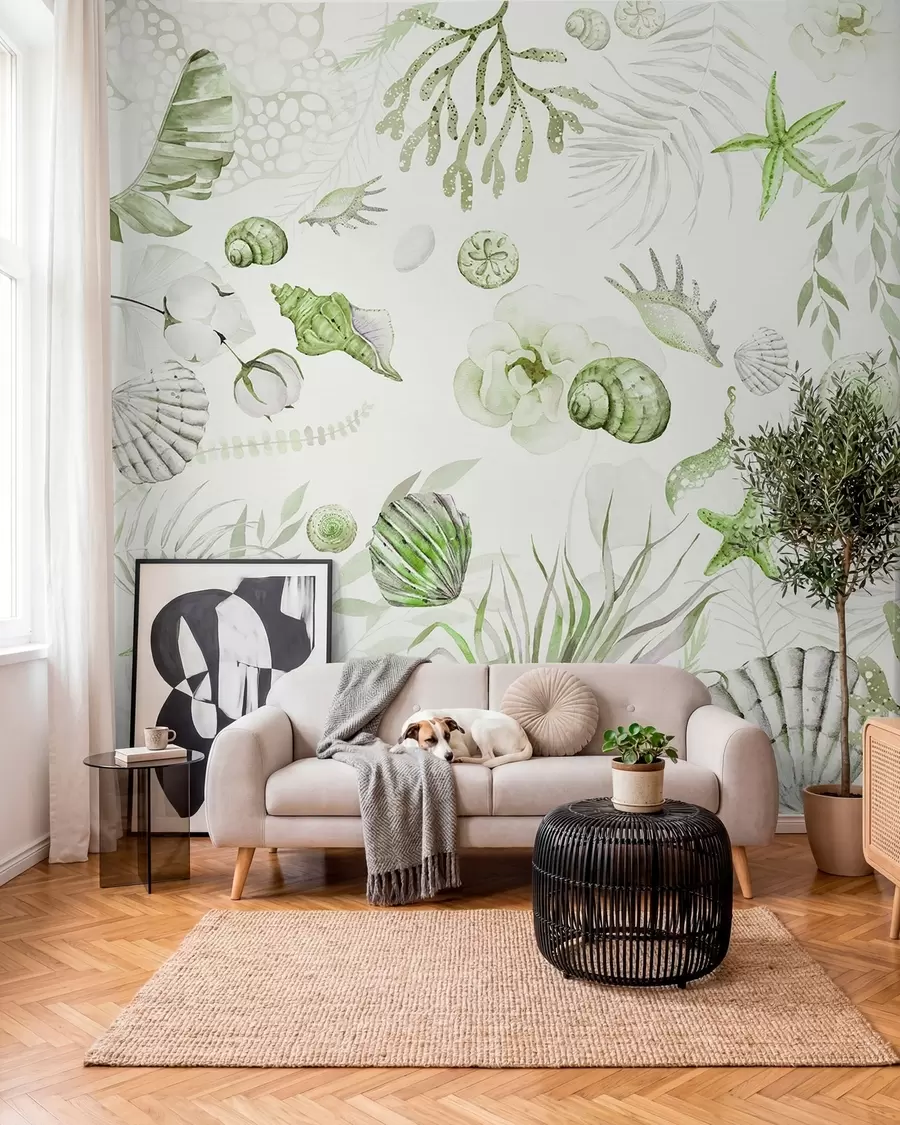 wall murals Акварел морски узорак, бохо стил, шкољке, корали, памук, зелене боје w00851v2