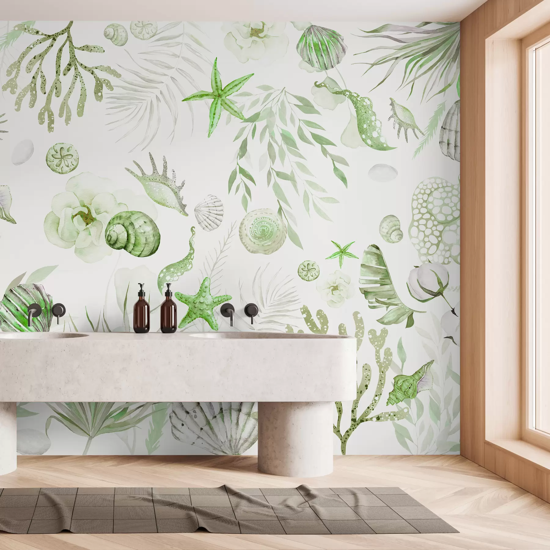 wall murals Акварел морски узорак, бохо стил, шкољке, корали, памук, зелене боје w00851v2