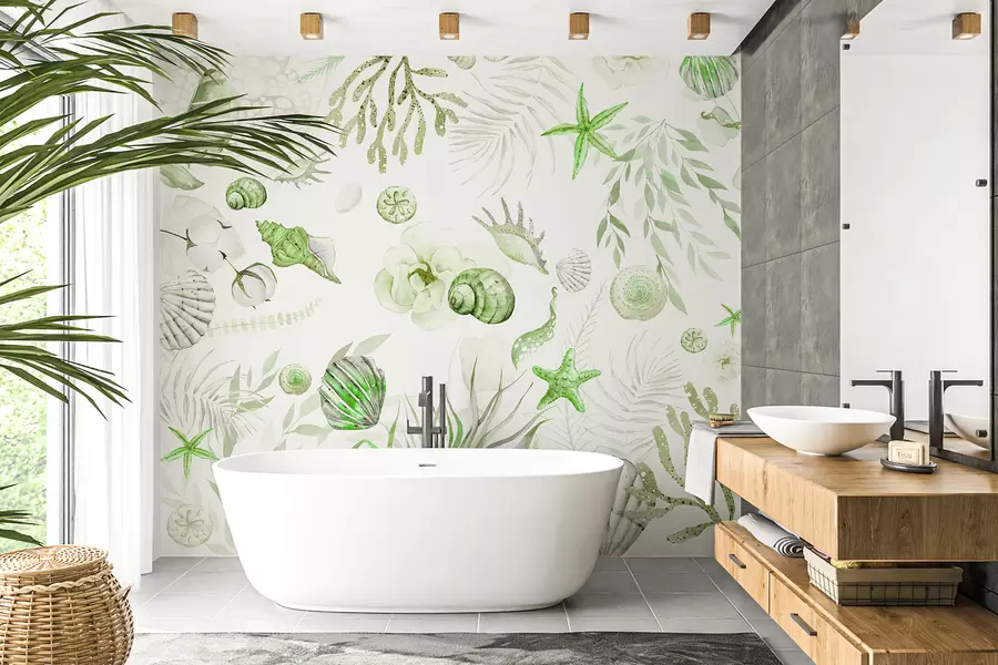 wall murals Акварел морски узорак, бохо стил, шкољке, корали, памук, зелене боје w00851v2