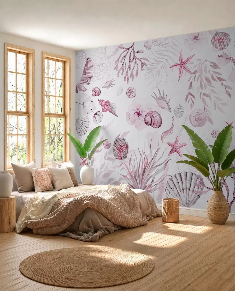 wall murals Акварел морски узорак, бохо стил, шкољке, корали, памук, розе боје w00851v3