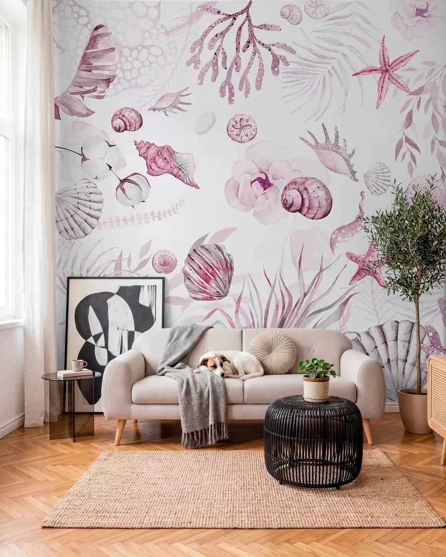 wall murals Акварел морски узорак, бохо стил, шкољке, корали, памук, розе боје w00851v3