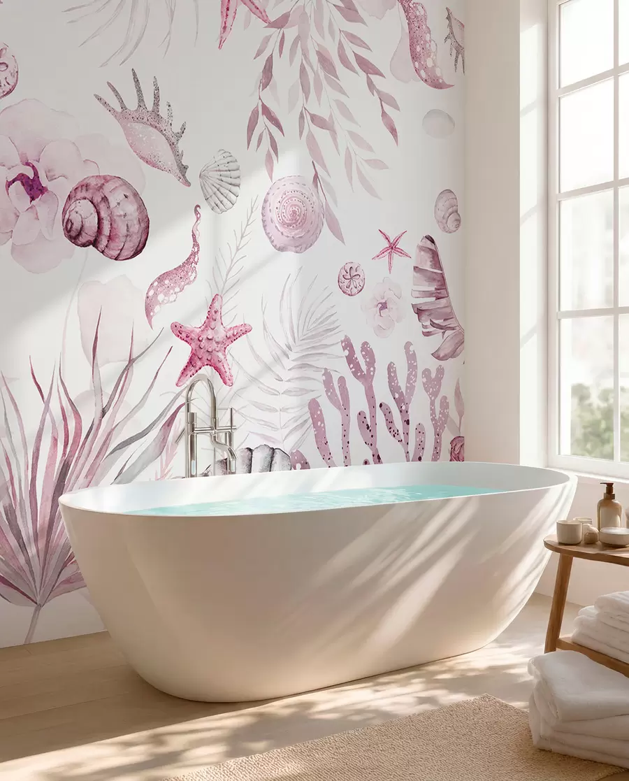 wall murals Акварел морски узорак, бохо стил, шкољке, корали, памук, розе боје w00851v3