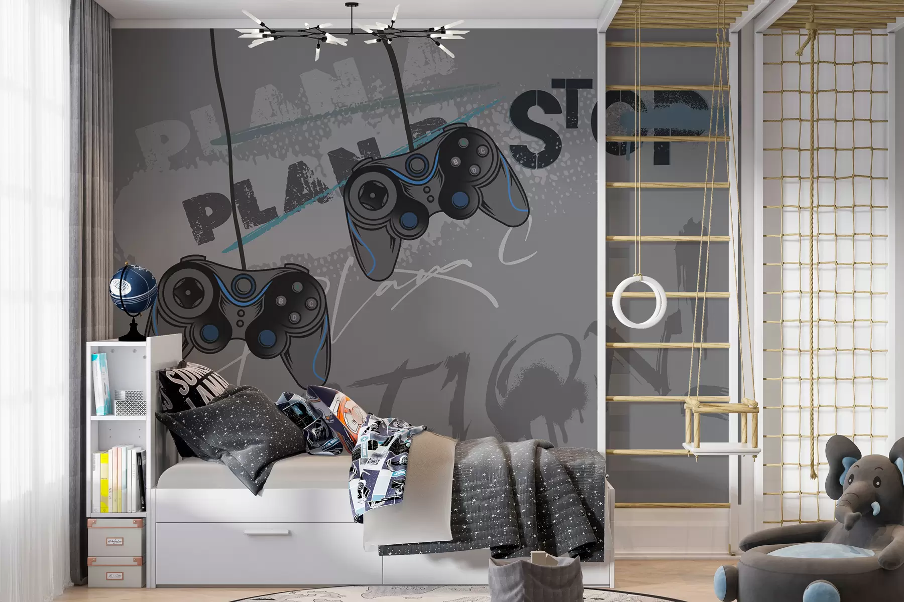 wall murals Дечије тапете за тинејџере са џојстицима и графичким словима у сивој боји w00829v1