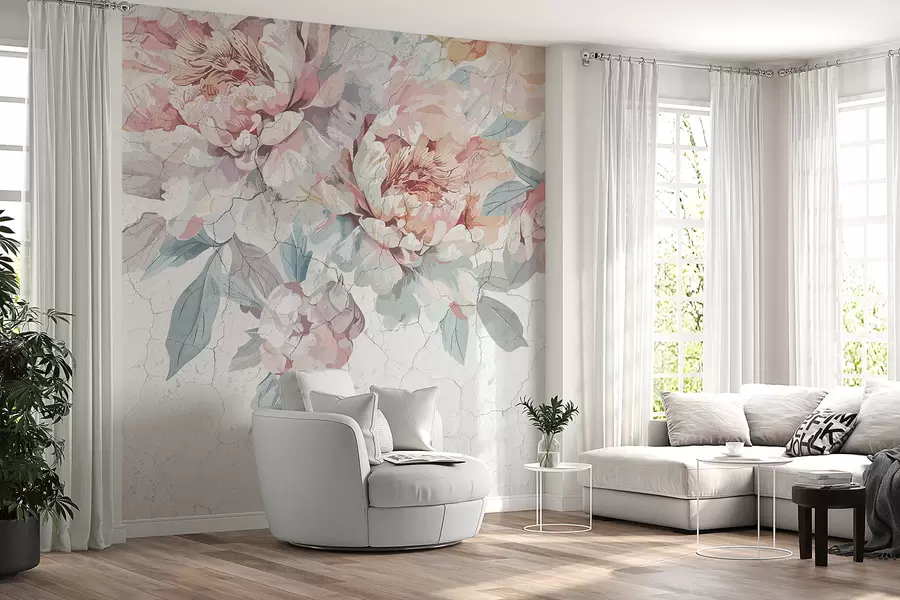 wall murals Букет великих, меких пастелно ружичастих и белих цветова божура са зеленим листовима на светлој позадини w00896
