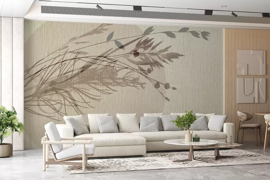 wall murals Минималистичка илустрација кружног облика са апстрактним биљним елементима у пригушеним земљаним тоновима w00902