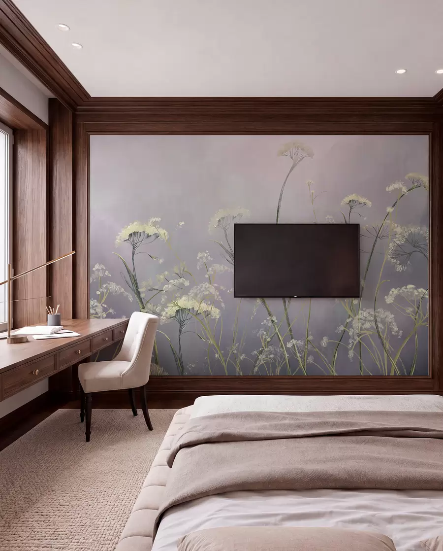 wall murals Бело дивље цвеће у магловитом пољу са меком, замућеном сивом позадином w00903