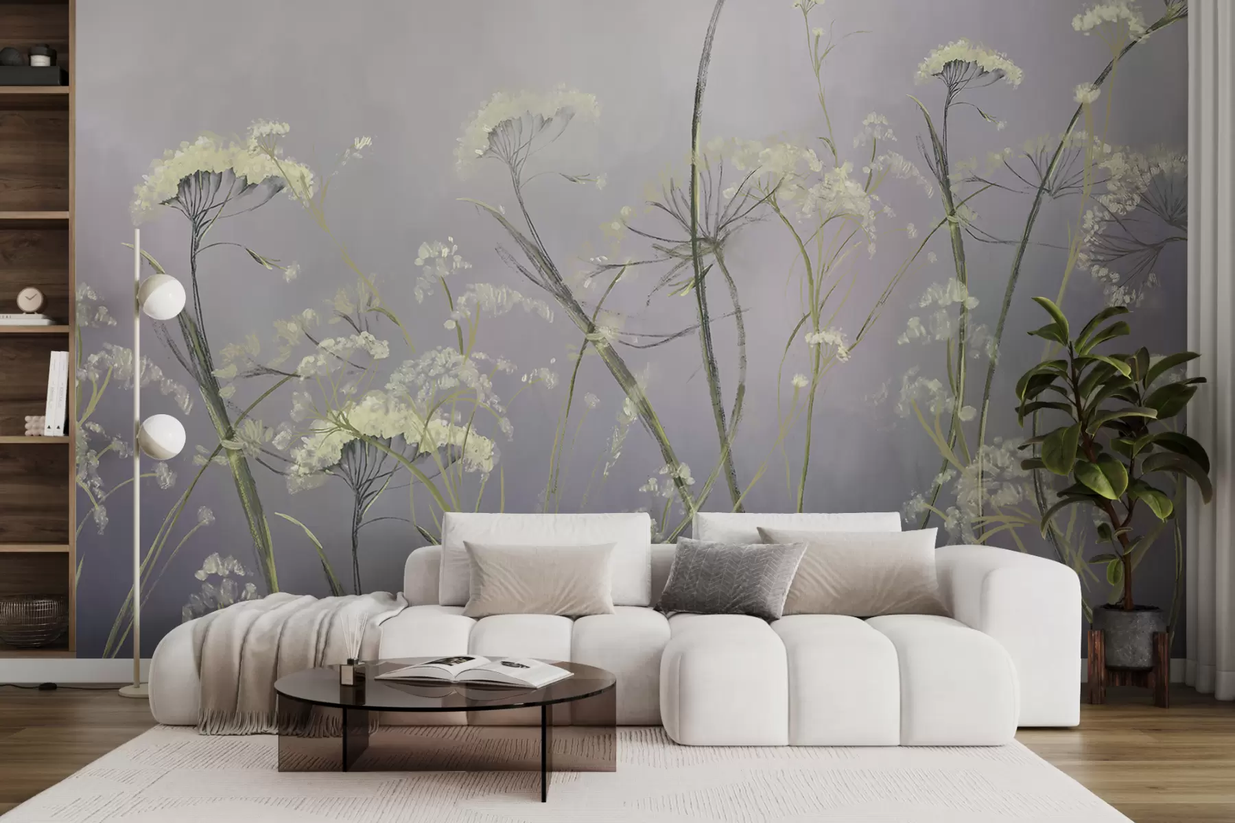 wall murals Бело дивље цвеће у магловитом пољу са меком, замућеном сивом позадином w00903