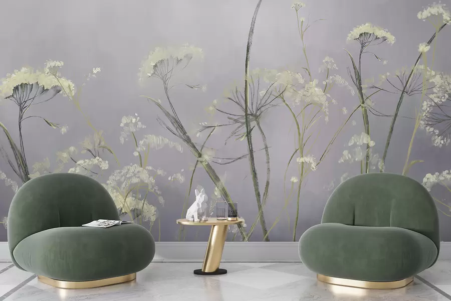 wall murals Бело дивље цвеће у магловитом пољу са меком, замућеном сивом позадином w00903