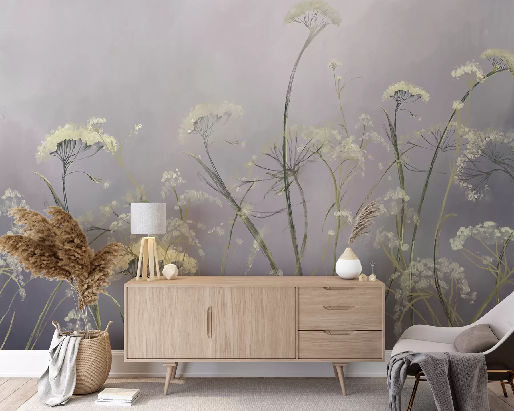 wall murals Бело дивље цвеће у магловитом пољу са меком, замућеном сивом позадином w00903