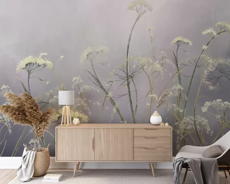 wall murals Бело дивље цвеће у магловитом пољу са меком, замућеном сивом позадином w00903