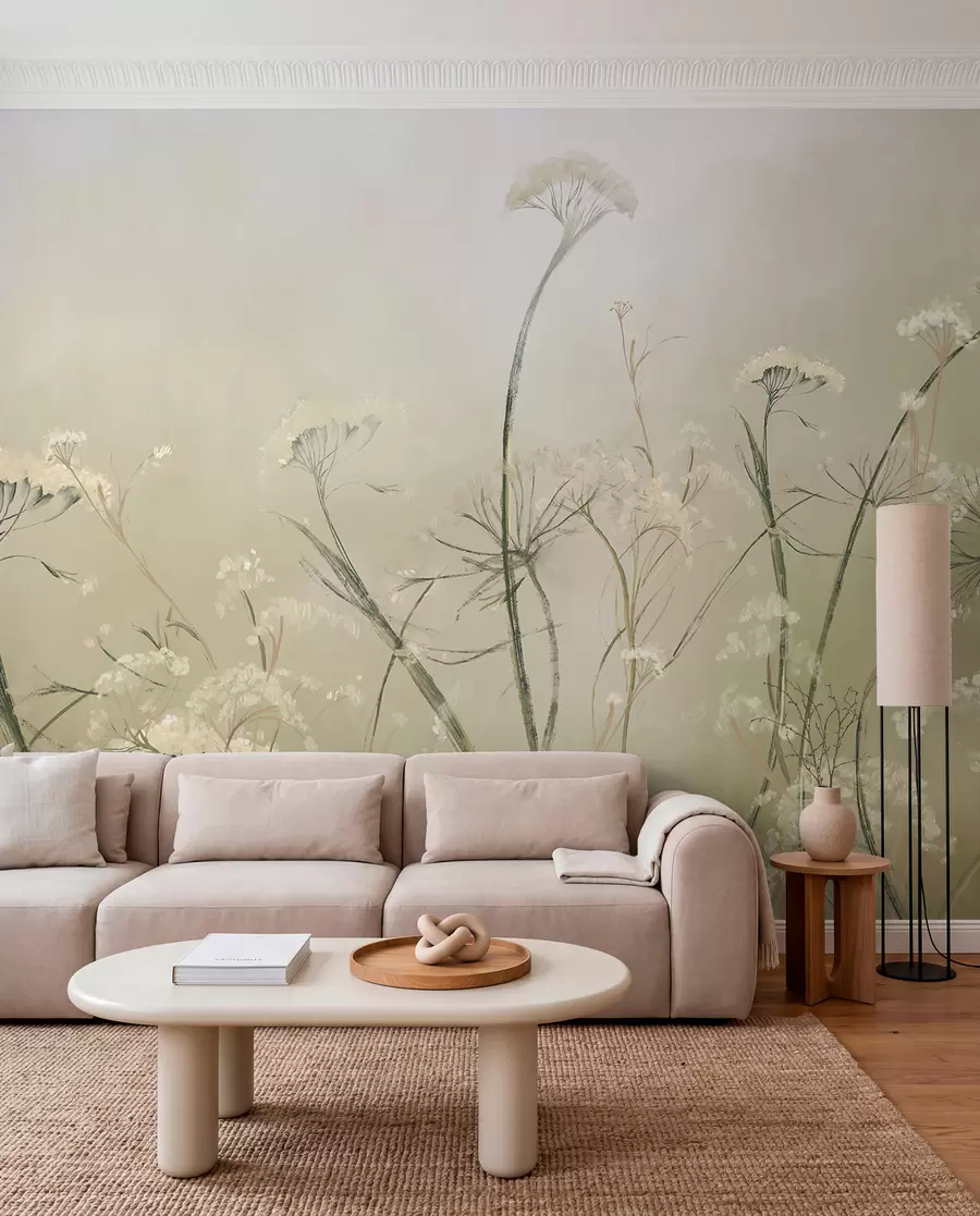 wall murals Бело дивље цвеће у магловитом пољу са меком, замућеном позадином од сепије w00903v1